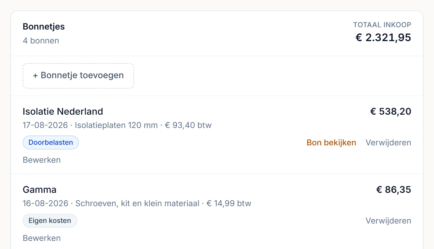 De bonnetjes bij een klus, met bedrag, btw en of de klant ze betaalt.