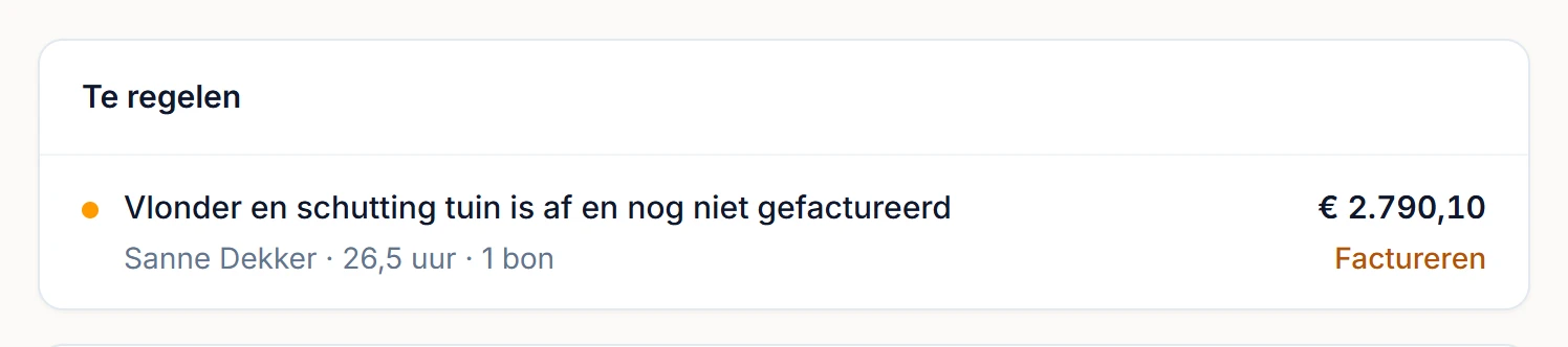 Het dashboard van Vakwerk: één klus is af en nog niet gefactureerd, met het bedrag en een knop om te factureren.