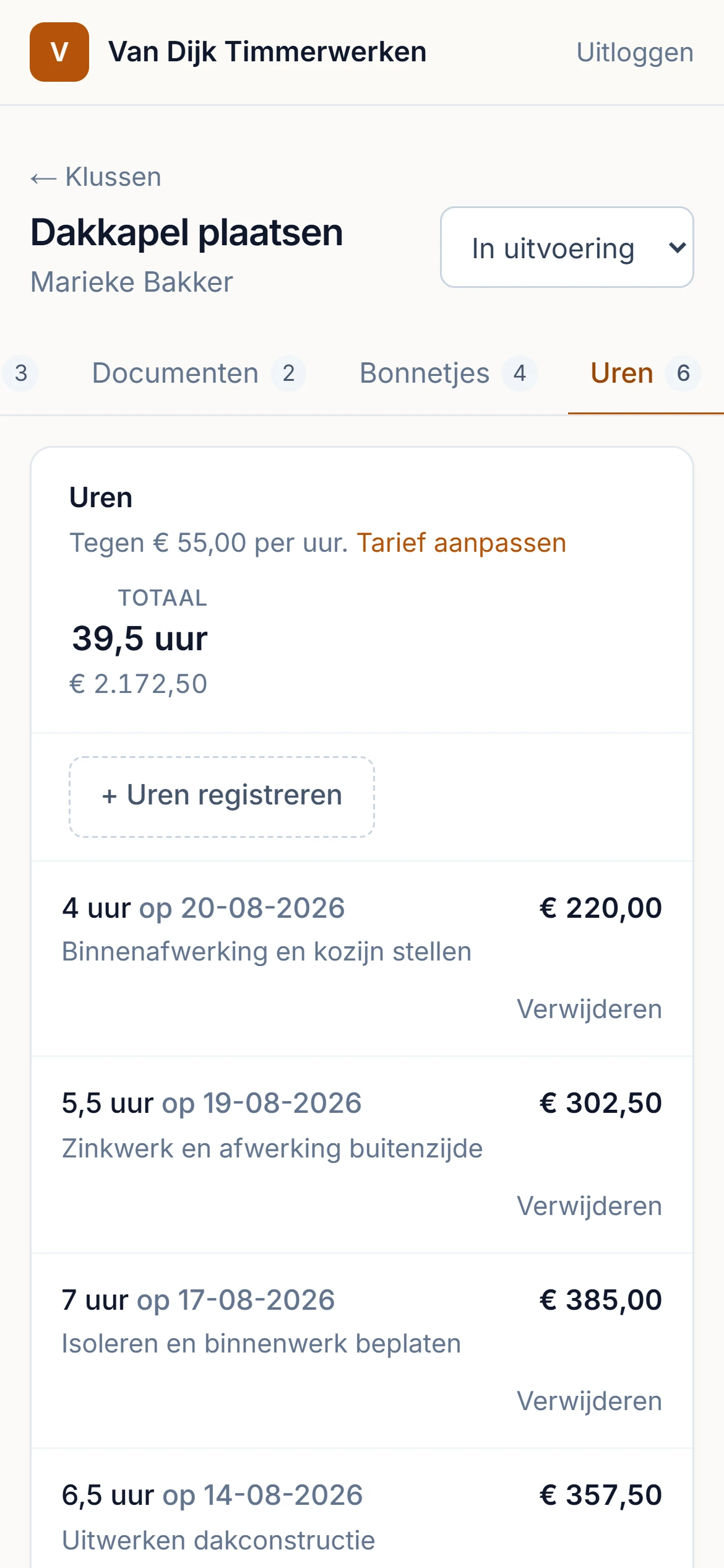 Uren schrijven in Vakwerk op een telefoon
